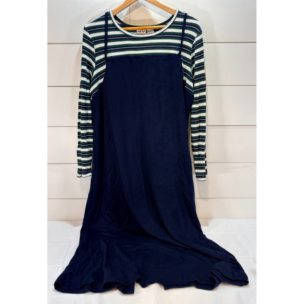 VTG Kathryn Deene Women's 18/20 Navy Green Stripe Maxi Dress Long Sleeve Stretch